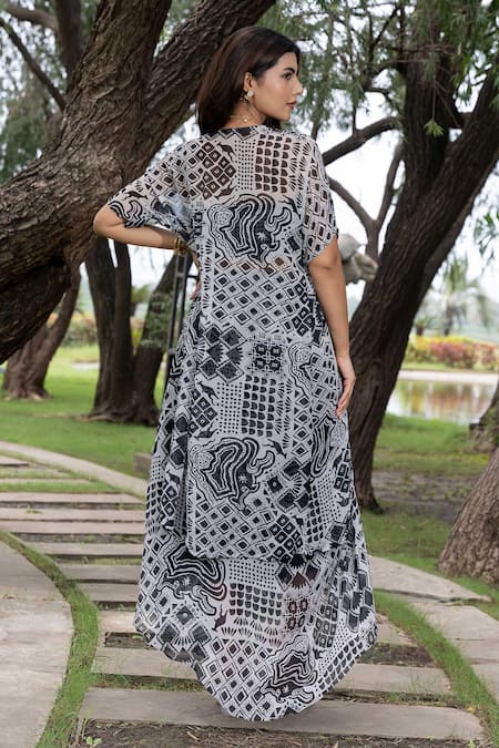 Shop_Saangi_Black Georgette Pearls, Beads Square Neck Embroidered Cape With Draped Skirt Set _at_Aza_Fashions