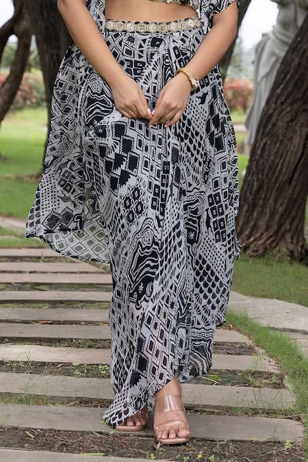 Saangi_Black Georgette Pearls, Beads Square Neck Embroidered Cape With Draped Skirt Set _Online_at_Aza_Fashions