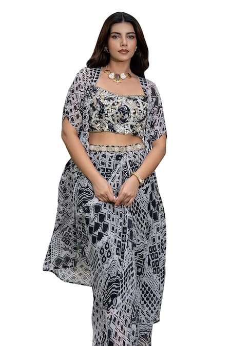 Buy_Saangi_Black Georgette Pearls, Beads Square Neck Embroidered Cape With Draped Skirt Set _Online_at_Aza_Fashions