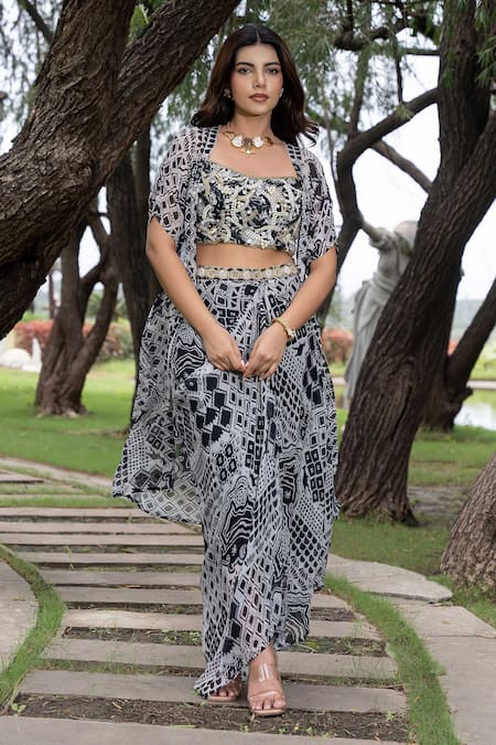 Shop_Saangi_Black Georgette Pearls, Beads Square Neck Embroidered Cape With Draped Skirt Set _Online_at_Aza_Fashions