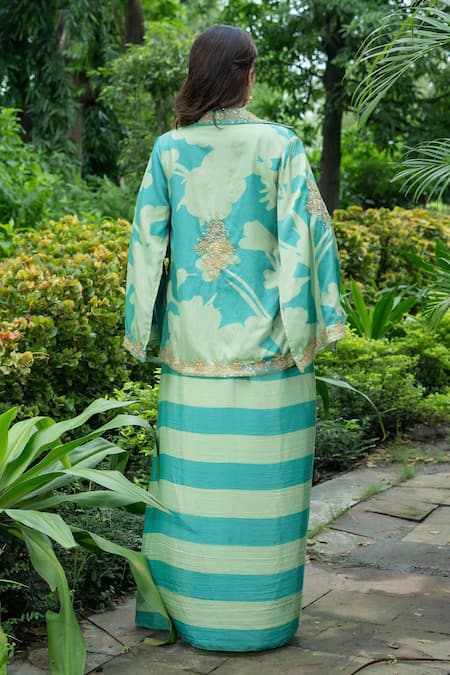 Shop_Saangi_Green Cotton Embroidery Square Neck Stripe Print Cape With Draped Skirt Set _at_Aza_Fashions