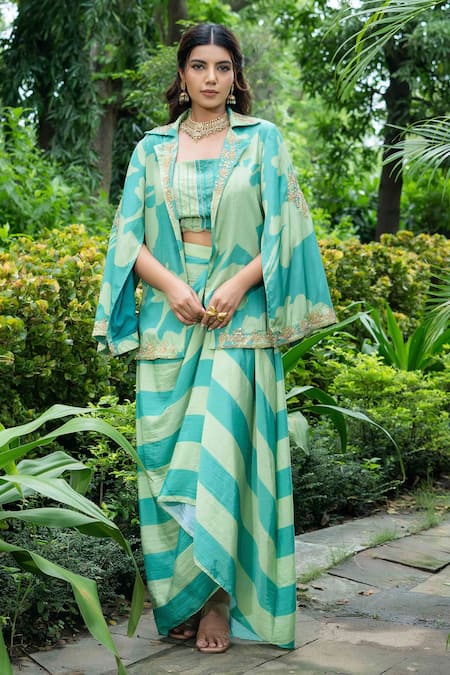 Saangi_Green Cotton Embroidery Square Neck Stripe Print Cape With Draped Skirt Set _Online_at_Aza_Fashions