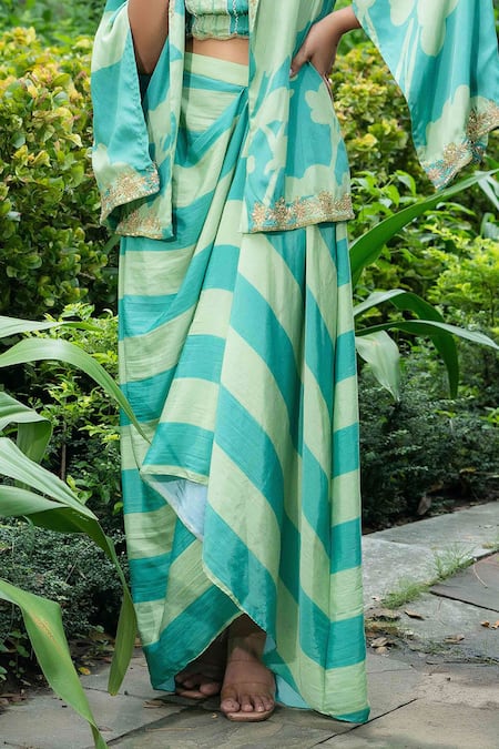 Buy_Saangi_Green Cotton Embroidery Square Neck Stripe Print Cape With Draped Skirt Set _Online_at_Aza_Fashions