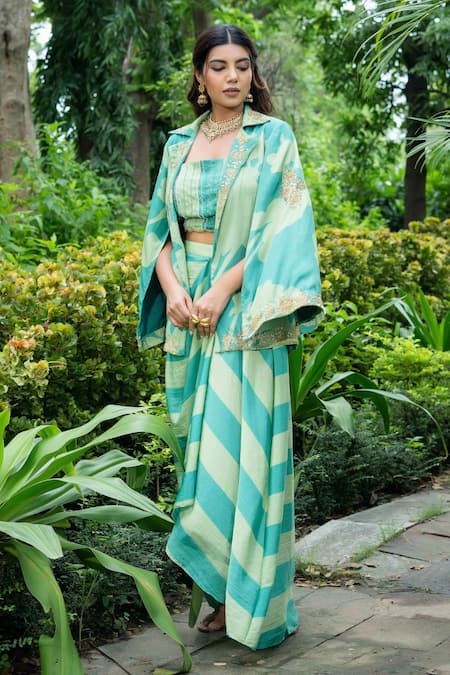 Shop_Saangi_Green Cotton Embroidery Square Neck Stripe Print Cape With Draped Skirt Set _Online_at_Aza_Fashions