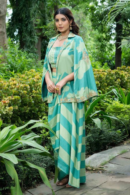 Saangi_Green Cotton Embroidery Square Neck Stripe Print Cape With Draped Skirt Set _at_Aza_Fashions