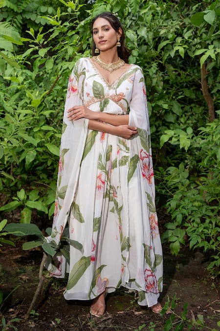 Saangi Green Georgette Embroidery V-neck Floral Printed Flared Gown Online at Aza Fashions Saangi_Green Georgette Embroidery V-neck Floral Printed Flared Gown _Online_at_Aza_Fashions