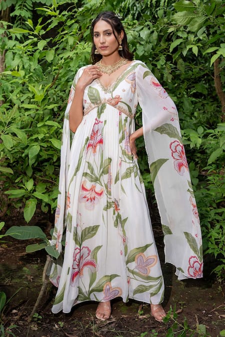 Buy Saangi Green Georgette Embroidery V-neck Floral Printed Flared Gown Online at Aza Fashions Buy_Saangi_Green Georgette Embroidery V-neck Floral Printed Flared Gown _Online_at_Aza_Fashions