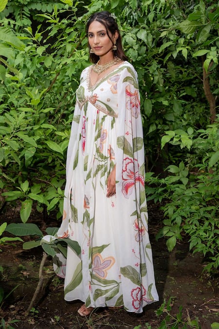 Shop Saangi Green Georgette Embroidery V-neck Floral Printed Flared Gown Online at Aza Fashions Shop_Saangi_Green Georgette Embroidery V-neck Floral Printed Flared Gown _Online_at_Aza_Fashions