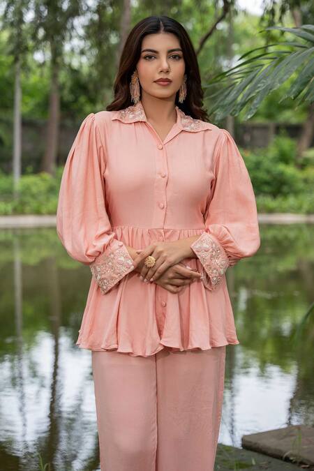 Shop Saangi Peach Twill Beads Collared Embroidered Peplum Top With Pant Online at Aza Fashions Shop_Saangi_Peach Twill Beads Collared Embroidered Peplum Top With Pant_Online_at_Aza_Fashions
