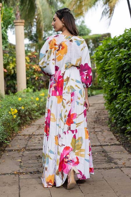 Shop Saangi Multi Color Satin Embroidery V-neck Watercolour Floral Print Kurta With Pant at Aza Fashions Shop_Saangi_Multi Color Satin Embroidery V-neck Watercolour Floral Print Kurta With Pant_at_Aza_Fashions