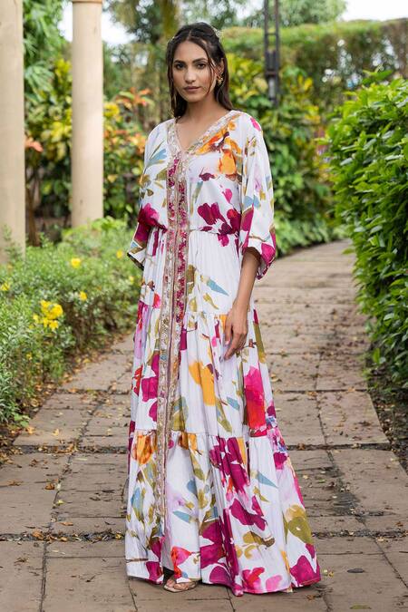 Saangi Multi Color Satin Embroidery V-neck Watercolour Floral Print Kurta With Pant Online at Aza Fashions Saangi_Multi Color Satin Embroidery V-neck Watercolour Floral Print Kurta With Pant_Online_at_Aza_Fashions