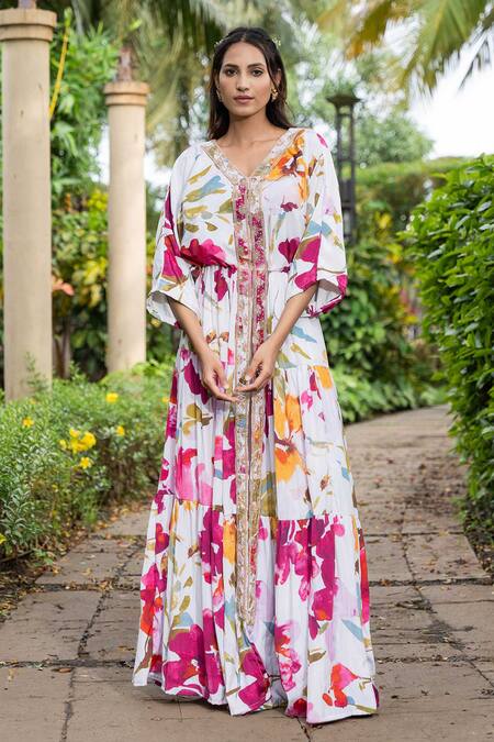 Buy Saangi Multi Color Satin Embroidery V-neck Watercolour Floral Print Kurta With Pant Online at Aza Fashions Buy_Saangi_Multi Color Satin Embroidery V-neck Watercolour Floral Print Kurta With Pant_Online_at_Aza_Fashions