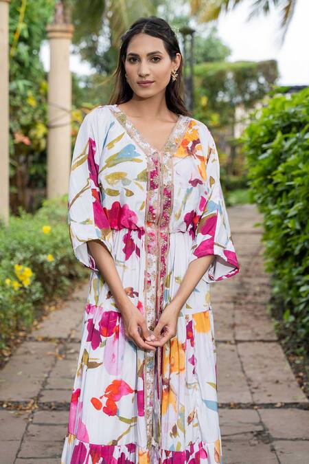 Shop Saangi Multi Color Satin Embroidery V-neck Watercolour Floral Print Kurta With Pant Online at Aza Fashions Shop_Saangi_Multi Color Satin Embroidery V-neck Watercolour Floral Print Kurta With Pant_Online_at_Aza_Fashions