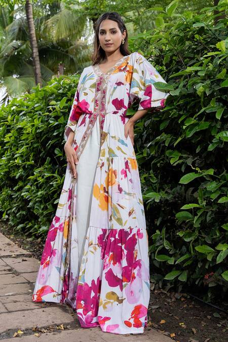 Saangi Multi Color Satin Embroidery V-neck Watercolour Floral Print Kurta With Pant at Aza Fashions Saangi_Multi Color Satin Embroidery V-neck Watercolour Floral Print Kurta With Pant_at_Aza_Fashions