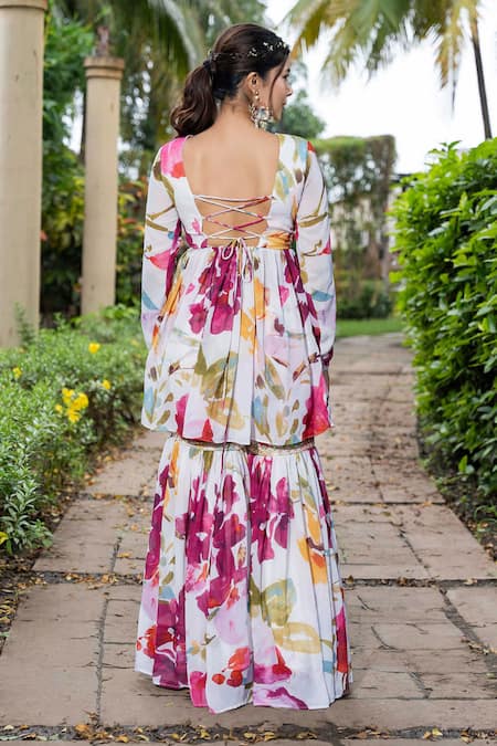 Shop_Saangi_Multi Color Georgette Watercolour Floral Print Peplum Top With Sharara _at_Aza_Fashions