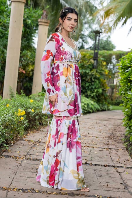 Saangi_Multi Color Georgette Watercolour Floral Print Peplum Top With Sharara _Online_at_Aza_Fashions