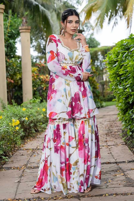 Buy_Saangi_Multi Color Georgette Watercolour Floral Print Peplum Top With Sharara _Online_at_Aza_Fashions