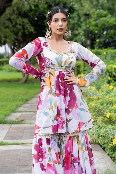 Saangi_Multi Color Georgette Watercolour Floral Print Peplum Top With Sharara _at_Aza_Fashions