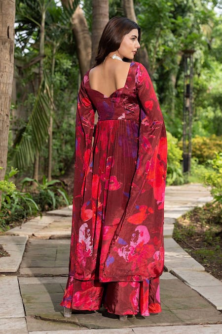 Shop_Saangi_Multi Color Chiffon Embroidery Watercolour Floral Print Flared Kurta With Pant _at_Aza_Fashions