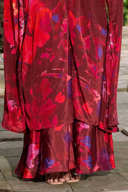 Saangi_Multi Color Chiffon Embroidery Watercolour Floral Print Flared Kurta With Pant _Online_at_Aza_Fashions