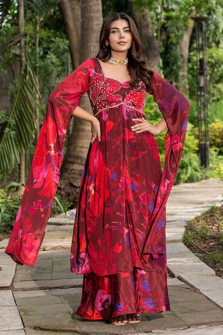 Buy_Saangi_Multi Color Chiffon Embroidery Watercolour Floral Print Flared Kurta With Pant _Online_at_Aza_Fashions