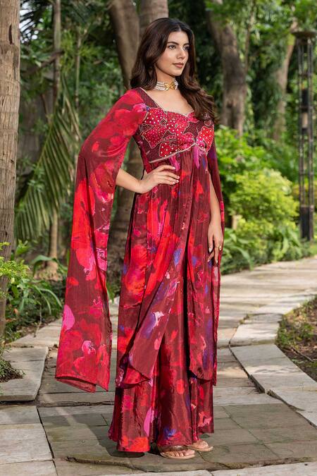 Shop_Saangi_Multi Color Chiffon Embroidery Watercolour Floral Print Flared Kurta With Pant _Online_at_Aza_Fashions