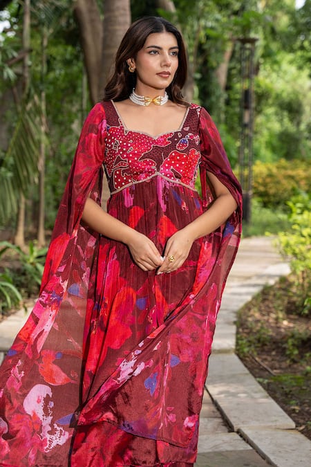 Saangi_Multi Color Chiffon Embroidery Watercolour Floral Print Flared Kurta With Pant _at_Aza_Fashions