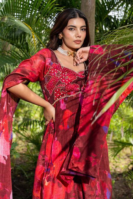 Buy_Saangi_Multi Color Chiffon Embroidery Watercolour Floral Print Flared Kurta With Pant 