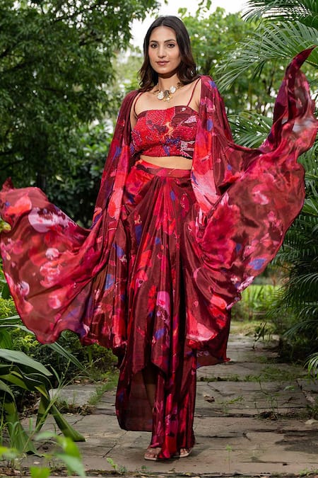 Shop_Saangi_Multi Color Chiffon Beads Watercolour Floral Print Cape With Draped Skirt Set _at_Aza_Fashions