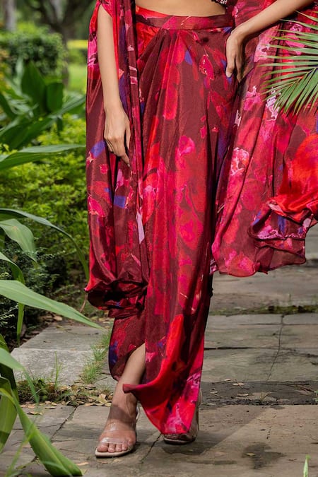 Saangi_Multi Color Chiffon Beads Watercolour Floral Print Cape With Draped Skirt Set _Online_at_Aza_Fashions