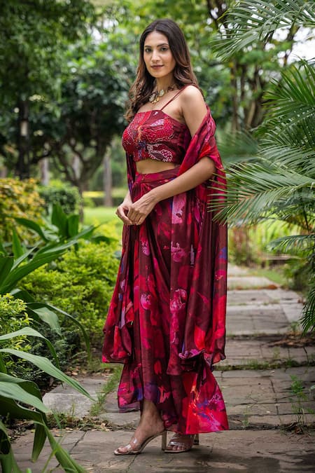 Buy_Saangi_Multi Color Chiffon Beads Watercolour Floral Print Cape With Draped Skirt Set _Online_at_Aza_Fashions