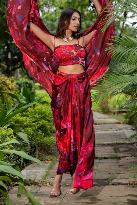 Shop_Saangi_Multi Color Chiffon Beads Watercolour Floral Print Cape With Draped Skirt Set _Online_at_Aza_Fashions