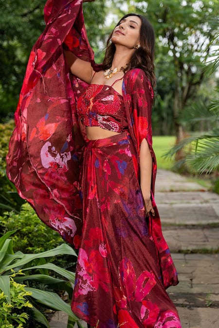 Buy_Saangi_Multi Color Chiffon Beads Watercolour Floral Print Cape With Draped Skirt Set 