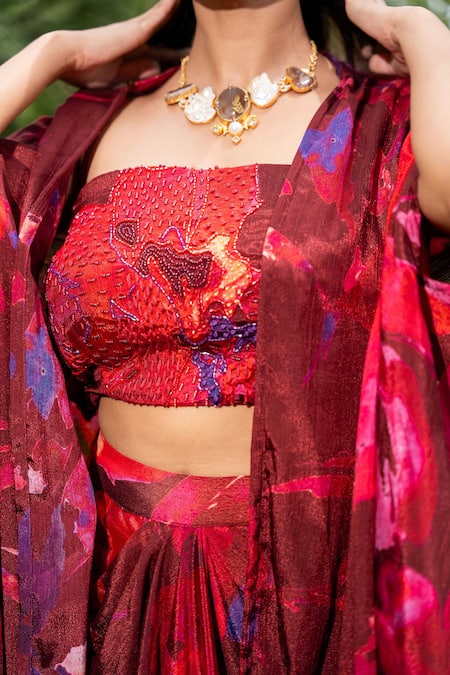 Shop_Saangi_Multi Color Chiffon Beads Watercolour Floral Print Cape With Draped Skirt Set 