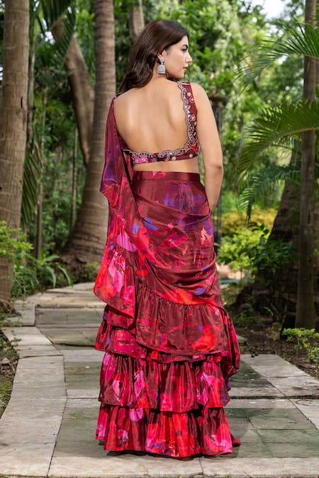 Shop Saangi Multi Color Chiffon Beads, Mirrors Watercolour Floral Print Pre-draped Saree Set at Aza Fashions Shop_Saangi_Multi Color Chiffon Beads, Mirrors Watercolour Floral Print Pre-draped Saree Set _at_Aza_Fashions
