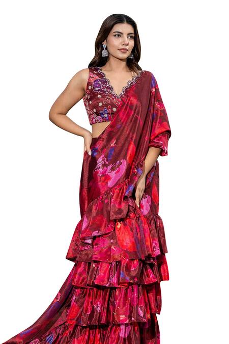 Saangi Multi Color Chiffon Beads, Mirrors Watercolour Floral Print Pre-draped Saree Set Online at Aza Fashions Saangi_Multi Color Chiffon Beads, Mirrors Watercolour Floral Print Pre-draped Saree Set _Online_at_Aza_Fashions