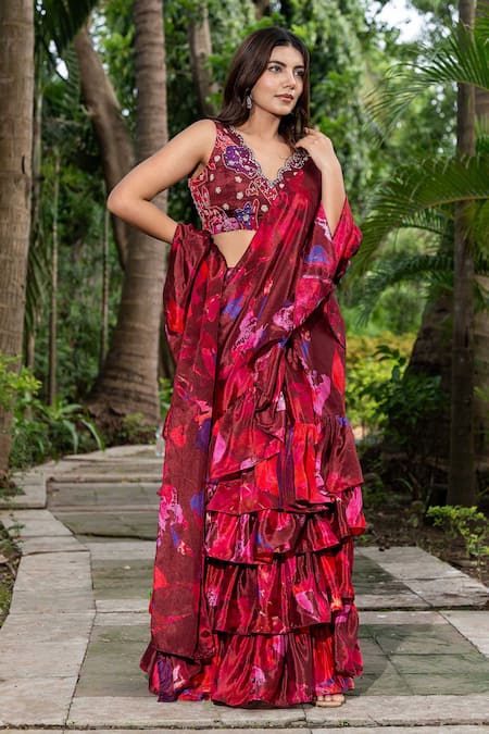 Buy Saangi Multi Color Chiffon Beads, Mirrors Watercolour Floral Print Pre-draped Saree Set Online at Aza Fashions Buy_Saangi_Multi Color Chiffon Beads, Mirrors Watercolour Floral Print Pre-draped Saree Set _Online_at_Aza_Fashions
