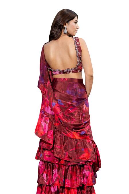 Shop Saangi Multi Color Chiffon Beads, Mirrors Watercolour Floral Print Pre-draped Saree Set Online at Aza Fashions Shop_Saangi_Multi Color Chiffon Beads, Mirrors Watercolour Floral Print Pre-draped Saree Set _Online_at_Aza_Fashions
