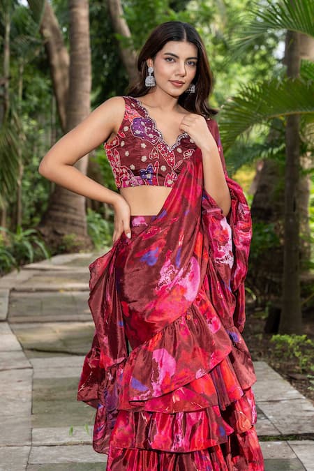 Saangi Multi Color Chiffon Beads, Mirrors Watercolour Floral Print Pre-draped Saree Set at Aza Fashions Saangi_Multi Color Chiffon Beads, Mirrors Watercolour Floral Print Pre-draped Saree Set _at_Aza_Fashions