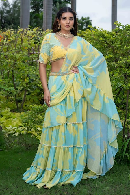 saangi by shubhangi Yellow Georgette Printed Floral V-neck Abstract Pre-draped Saree Set 