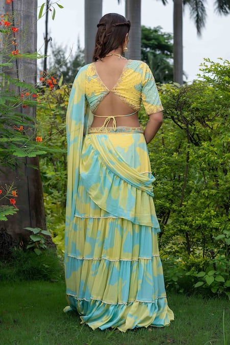 Shop_Saangi_Yellow Georgette Beads, Embroidery Abstract Floral Print Pre-draped Saree Set _at_Aza_Fashions