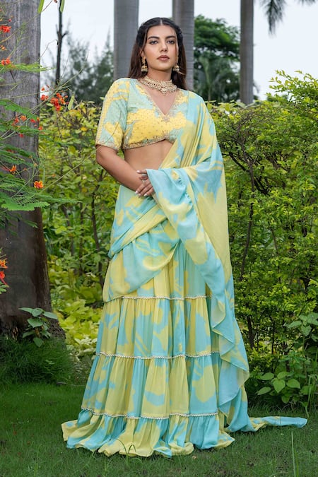 Saangi_Yellow Georgette Beads, Embroidery Abstract Floral Print Pre-draped Saree Set _Online_at_Aza_Fashions