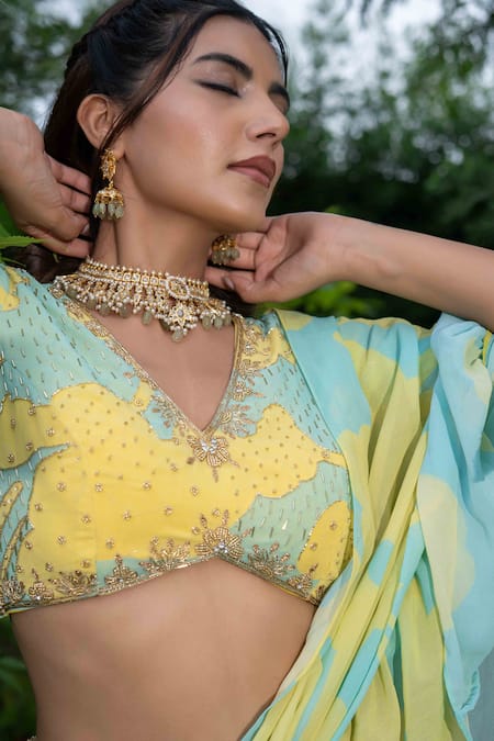 Saangi_Yellow Georgette Beads, Embroidery Abstract Floral Print Pre-draped Saree Set _at_Aza_Fashions