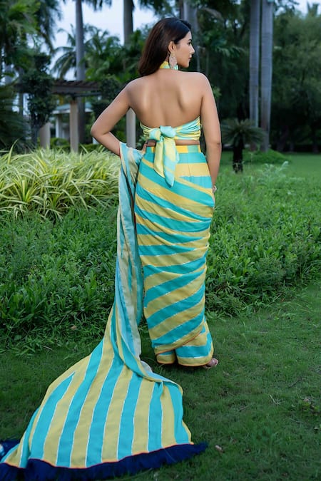 Shop_Saangi_Yellow Satin, Georgette Embroidery, Beads Stripe Printed Pre-draped Saree Set _at_Aza_Fashions