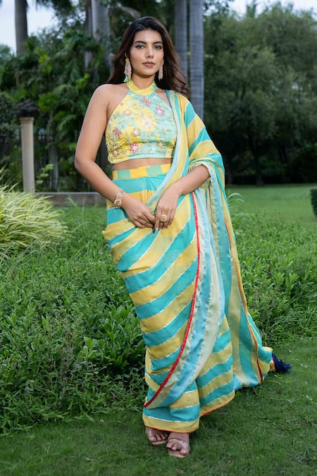 Saangi_Yellow Satin, Georgette Embroidery, Beads Stripe Printed Pre-draped Saree Set _Online_at_Aza_Fashions