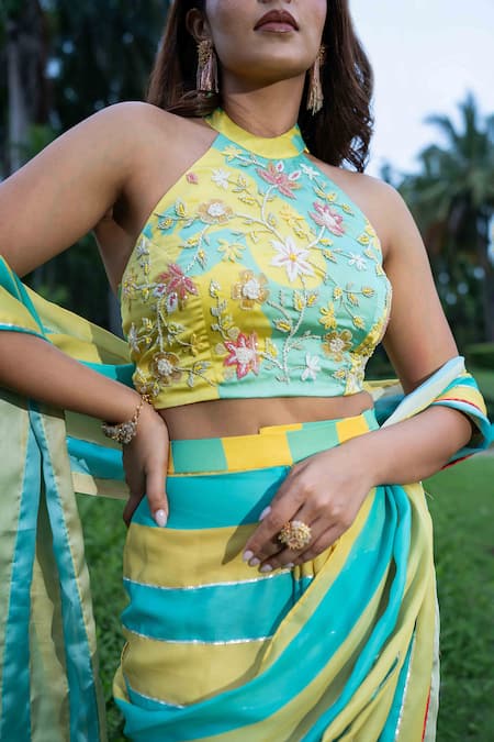 Shop_Saangi_Yellow Satin, Georgette Embroidery, Beads Stripe Printed Pre-draped Saree Set _Online_at_Aza_Fashions