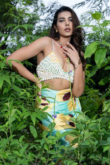 Buy_Saangi_Yellow Satin Sequins, Embroidery Plunge Floral Tie Up Bustier With Draped Skirt