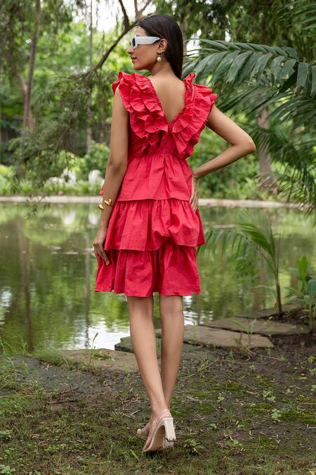 Shop_Saangi_Pink Cotton V-neck Solid Ruffle Tiered Dress_at_Aza_Fashions