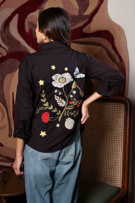 Shop Saangi Black Cotton Embroidery Collared Floral Back Shirt at Aza Fashions Shop_Saangi_Black Cotton Embroidery Collared Floral Back Shirt_at_Aza_Fashions