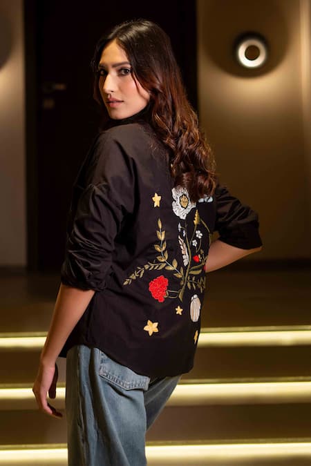 Saangi Black Cotton Embroidery Collared Floral Back Shirt Online at Aza Fashions Saangi_Black Cotton Embroidery Collared Floral Back Shirt_Online_at_Aza_Fashions